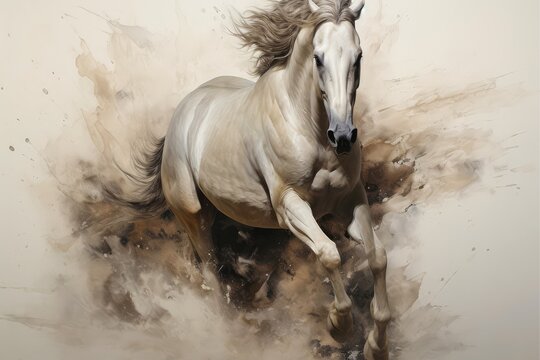 Watercolor horse painting, abstract drawing of a running paint splashed horse