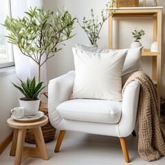 Blank white pillow on the couch mockup , Modern living room.