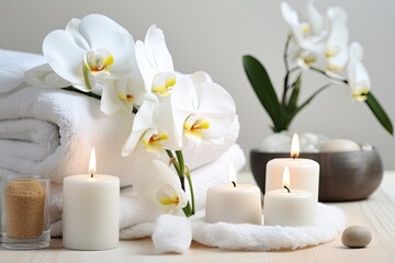Fototapeta na wymiar A serene spa atmosphere with candles, white towels and orchid flowers promotes wellness and relaxation.