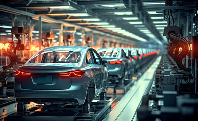 Fototapeta premium Factory Assembly Line Producing Modern Cars in High Volume.