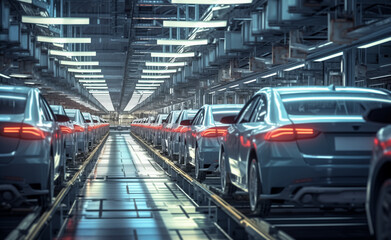 Factory Assembly Line Producing Modern Cars in High Volume.