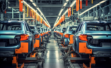 Fototapeta premium Factory Assembly Line Producing Modern Cars in High Volume.