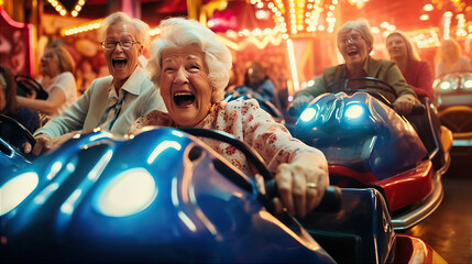 Bumper Car Excitement: A group of older visitors participate in a bumper car ride - obrazy, fototapety, plakaty