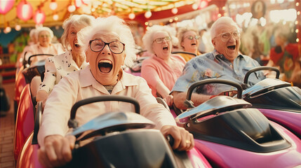 Fototapeta na wymiar Bumper Car Excitement: A group of older visitors participate in a bumper car ride