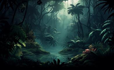 Foggy dark exotic tropical jungle illustration design.