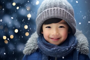 Winter holidays concept. Generative AI. Portrait of a child dressed in winter clothes, rejoicing in the first snow and winter. Asian boy at a Christmas market.