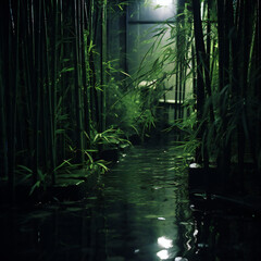 Green bamboo grove in the garden at night,  Natural background