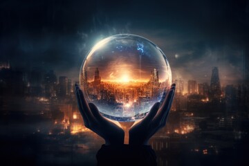 Human hands holding glass ball with cityscape. - obrazy, fototapety, plakaty
