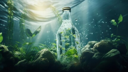 Bottle with green plants inside under water.
