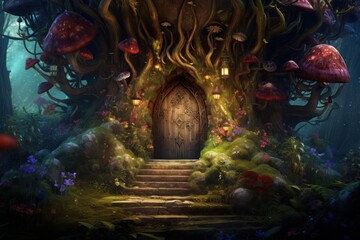 Mysterious portal, halloween magic door in the dark forest. - obrazy, fototapety, plakaty