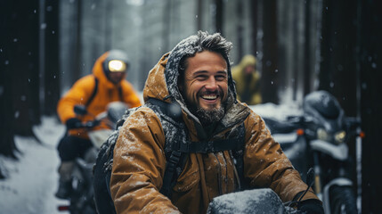 Fototapeta premium a man on a snowmobile rushes along a white snowy road in a winter forest, transport, sports, north, hobby, motorcycles, tourism, driver, speed, snow scooter, extreme, driving, headlights