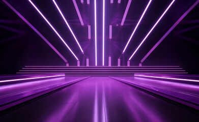Neon lamps create a colorful backdrop with diagonal lines on an empty purple stage.