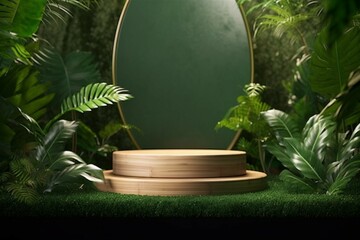 Wooden podium in tropical forest for product presentation and green background