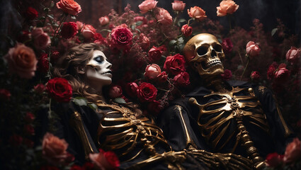 skeleton corpse of couple lover with flower grow on theme, forever love, eternal love, mist, halloween theme - obrazy, fototapety, plakaty
