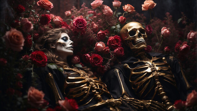 skeleton corpse of couple lover with flower grow on theme, forever love, eternal love, mist, halloween theme