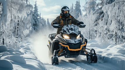 Fototapeta na wymiar a man on a snowmobile rushes along a white snowy road in a winter forest, transport, sports, north, hobby, motorcycles, tourism, driver, speed, snow scooter, extreme, driving, headlights