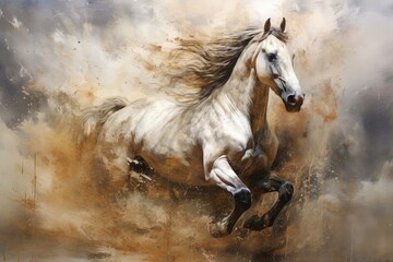 Watercolor horse painting, abstract drawing of a running paint splashed horse