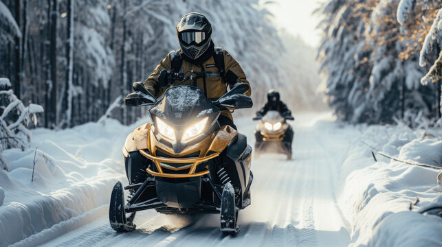 a man on a snowmobile rushes along a white snowy road in a winter forest, transport, sports, north, hobby, motorcycles, tourism, driver, speed, snow scooter, extreme, driving, headlights