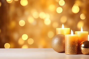 Advent golden background with candle and Christmas ornaments