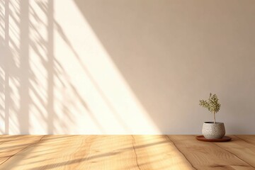 Wooden tabletop or countertop in modern and minimal beige brown wall room with dappled sunlight and tree shadow from window at home