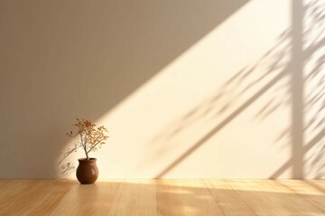 Wooden tabletop or countertop in modern and minimal beige brown wall room with dappled sunlight and tree shadow from window at home