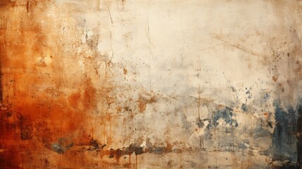 An abstract masterpiece emerges from the chaotic blend of orange and blue paint, with hints of rust and brown stains adding depth to its wild and fluid nature