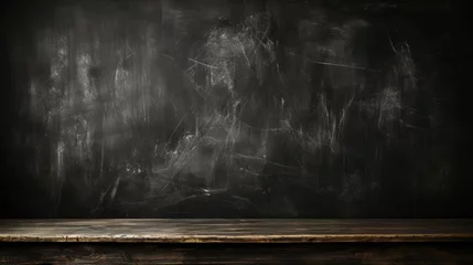 Fotobehang A mysterious, chalk-dusted blackboard commands attention on a rustic wooden table, beckoning with endless possibilities and the allure of hidden knowledge © Envision