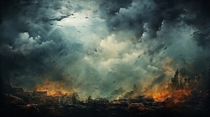Fototapeta premium A fiery city engulfed in smoke and clouds, the sky polluted with nature's wrath as the heat blazes on, leaving the outdoors in a wild and chaotic state