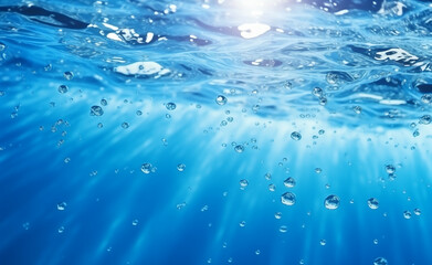 Water surface texture with bubbles and splashes that is defocused blurring transparent blue in color.