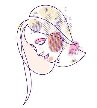 recommend clip art: Beautiful face of attractive woman vector linear drawing, sensitive emotional line art adult girl portrait, feminine abstract face line art.