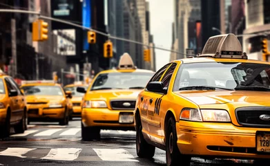 Tuinposter New York taxi Yellow cab speeds through Times Square in New York