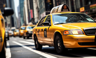 Yellow cab speeds through Times Square in New York