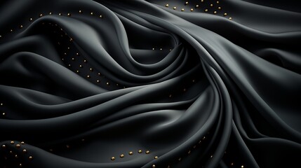 A mesmerizing display of fluid abstract design, adorned with glistening gold dots on a dark fabric, evoking a sense of opulence and artistic brilliance - obrazy, fototapety, plakaty