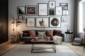 Fototapeta na wymiar Contemporary home. Wall frame display in a Scandinavian-bohemian living area with a dark sofa, table, framed sketches, stylish lights, and decor. Generative AI