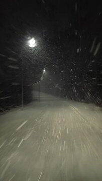 On a night winter road in a snow storm, vertical