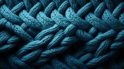 A tangled web of intricate fibers weaves together in a hypnotizing knot, evoking a sense of calm amidst the stormy sea of blue knitted rope