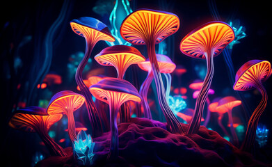 Abstract psychedelic mushroom in colorful neon lights.