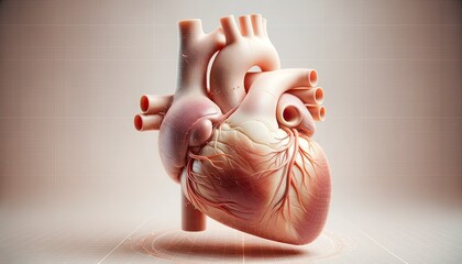 3D medical render of the human heart, showcasing its intricate anatomy with clear details. The heart is displayed against a neutral background, highlighting its chambers, valves, and vessels.