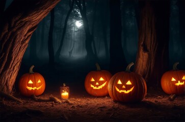Mysterious Halloween in a foggy forest with glowing jack-o-lanterns and an old lantern under a moonlit sky—enchanting, eerie scene.Created with generative AI