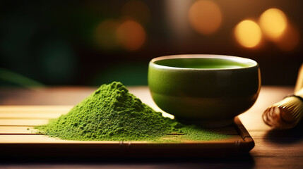 Closeup of matcha tea powder in a wooden plate with whisk on dark background, side view, copy space. Generative AI - obrazy, fototapety, plakaty
