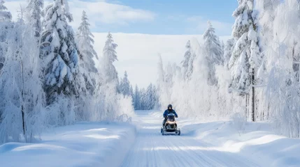 Fotobehang a man on a snowmobile rushes along a white snowy road in a winter forest, transport, sports, north, hobby, motorcycles, tourism, driver, speed, snow scooter, extreme, driving, headlights © Julia Zarubina
