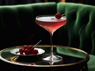 Red cherry alcohol cocktail in modern prosecco glass on black mirror table and green sofa in luxury lounge.Macro.AI Generative