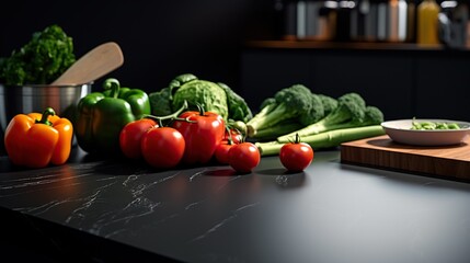 Modern black kitchen with fresh vegetables and greens on the table.