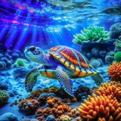 Fototapeta na wymiar Underwater panorama of a bright tropical reef with a turtle