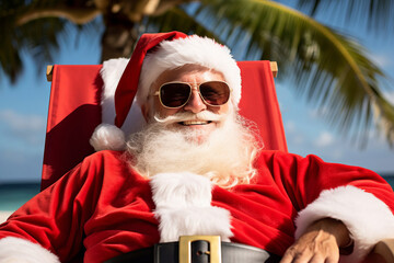 A portrait of satisfied, cheerful Santa Claus in dark glasses resting in beach lounger on a tropical beach