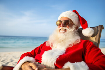 A portrait of satisfied, cheerful Santa Claus in dark glasses resting in beach lounger on a tropical beach - obrazy, fototapety, plakaty