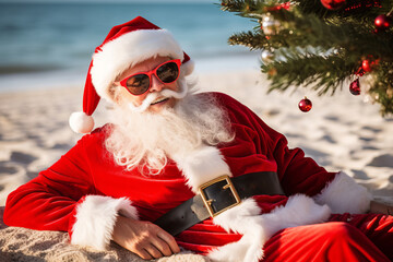 A portrait of satisfied, cheerful Santa Claus in dark glasses, lying on the sand of a tropical beach under a Christmas tree - obrazy, fototapety, plakaty