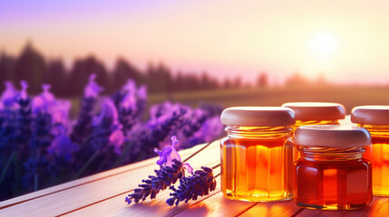 Jars of organic flower honey on a wooden table, with lavender, sunset in the background. Generative AI - obrazy, fototapety, plakaty