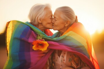 older lesbian couple, kissing, wrapped with a lgtbi flag, in a beautiful sunset, concept social inclusion, concept love