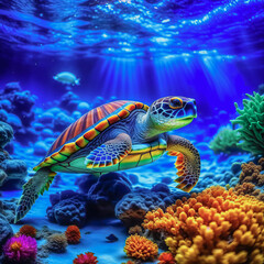 Fototapeta na wymiar Underwater panorama of a bright tropical reef with a turtle